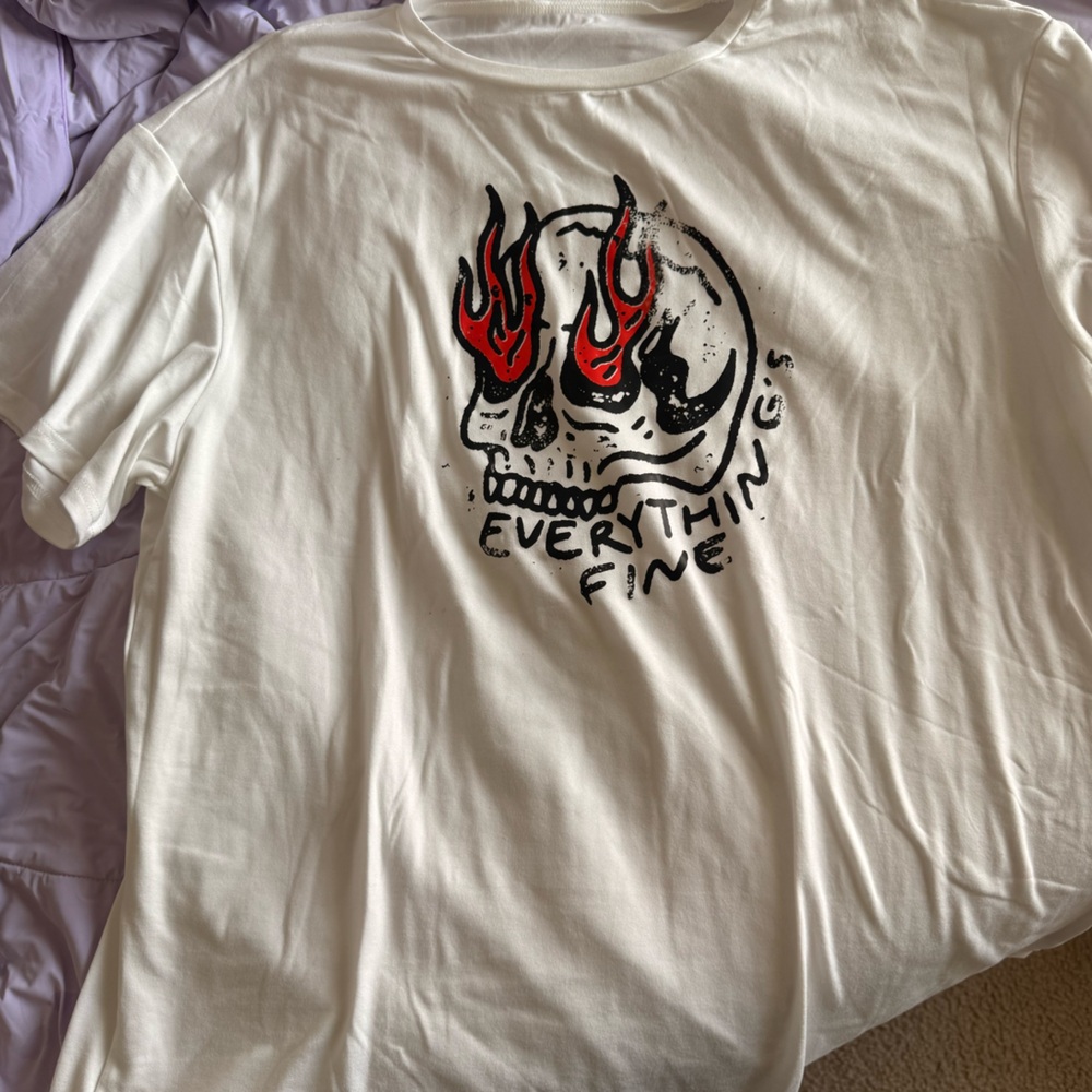 White T-Shirt with Skull and Flames Design